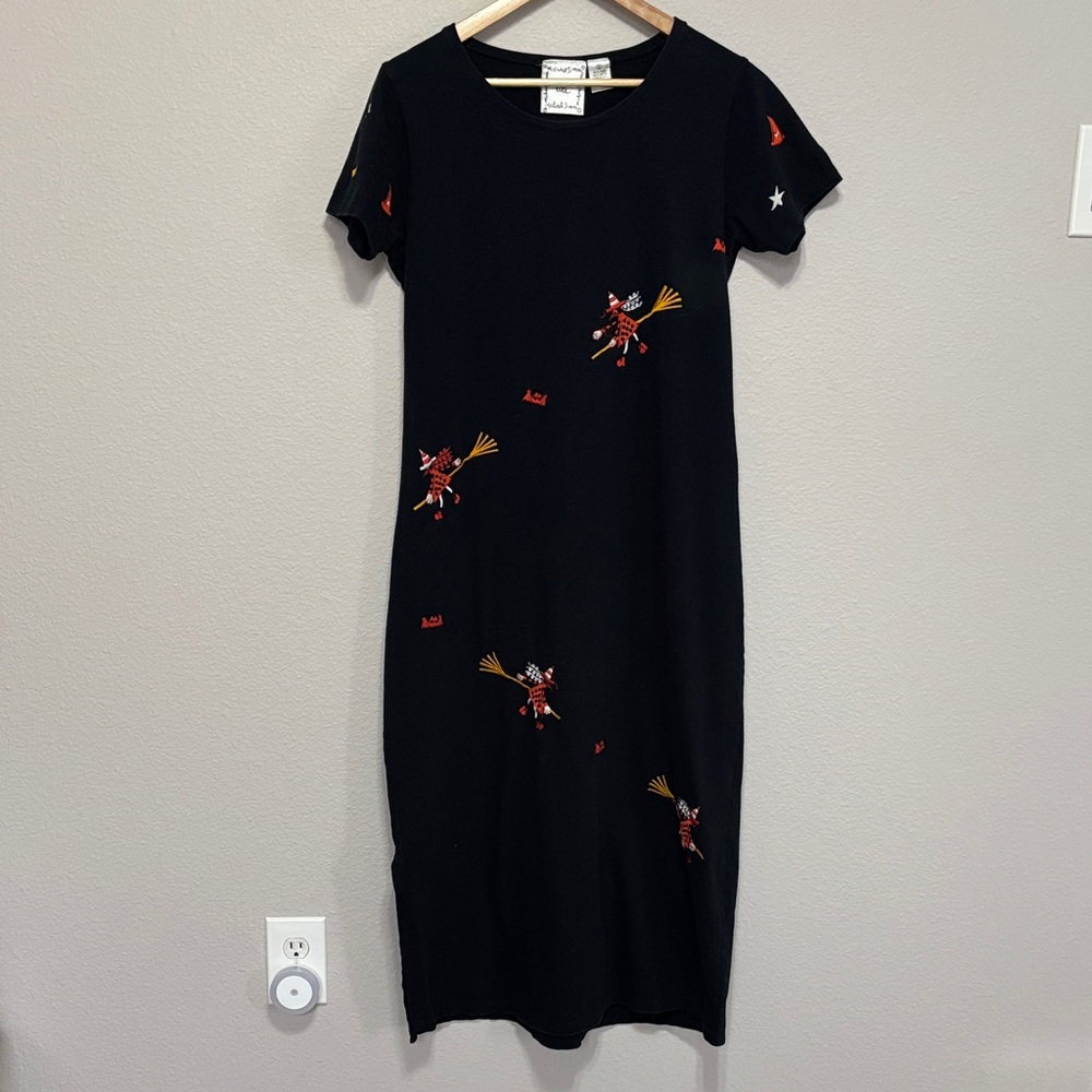 VTG Michael Simon Black Witch Whimsical Embroidered T-shirt Midi Maxi  Dress S